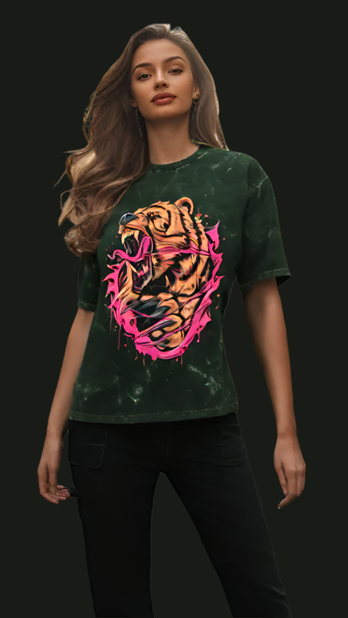 ViNK Bear Acid Washed womens Oversize T-shirt with bold graphic print, reflecting the 'Beast Mode' mentality — oversized, overbuilt, and designed to crush every challenge with unstoppable determination.