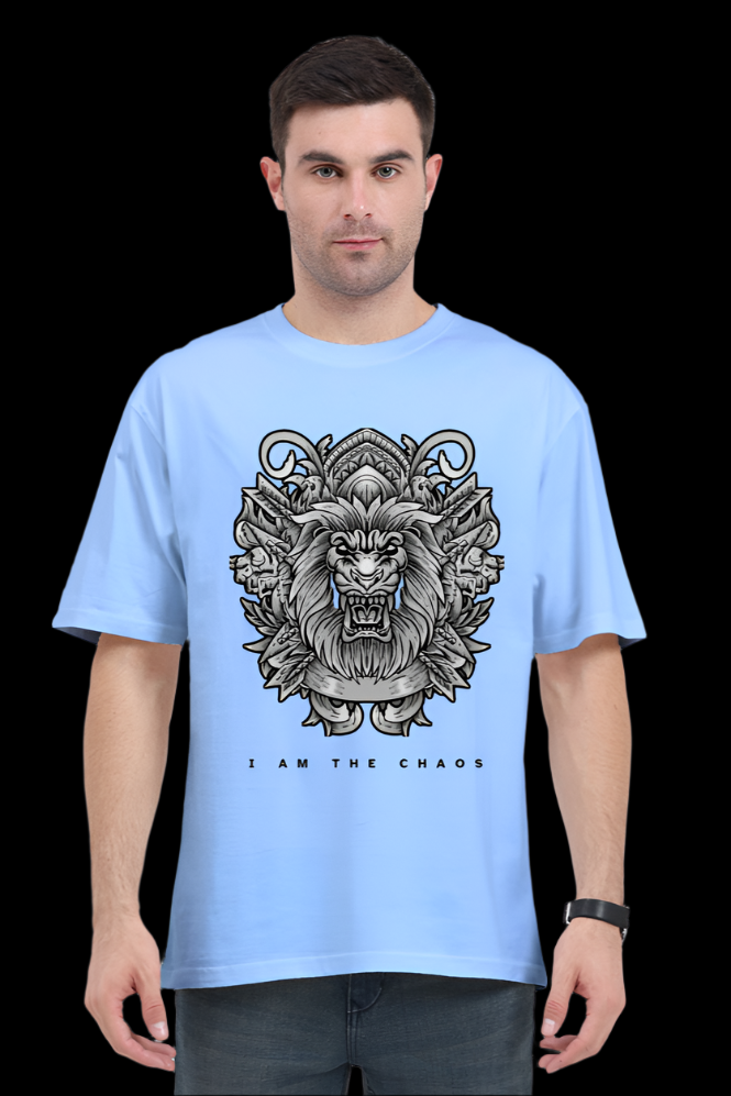 ViNK I Am the Chaos CEO Edition Lion oversize t-shirt in Baby Blue, featuring a high-detail tribal lion graphic for unisex wear; a customised printed t-shirt in 240 GSM cotton that defines the powerlook for modern-day alphas