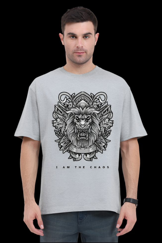 ViNK I Am the Chaos CEO Edition Lion oversize t-shirt in Grey Melange, featuring a high-detail tribal lion graphic for unisex wear; a customised printed t-shirt in 240 GSM cotton that defines the powerlook for modern-day alphas