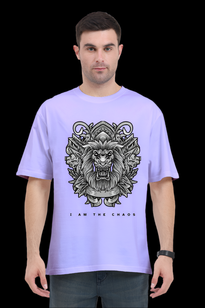 ViNK I Am the Chaos CEO Edition Lion oversize t-shirt in Lavender, featuring a high-detail tribal lion graphic for unisex wear; a customised printed t-shirt in 240 GSM cotton that defines the powerlook for modern-day alphas