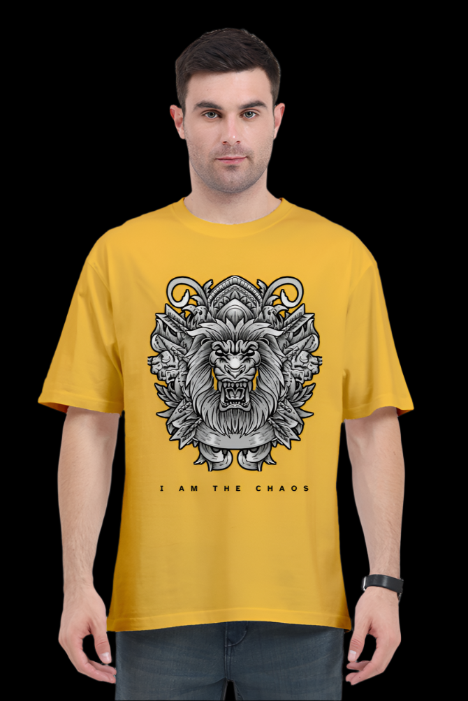 ViNK I Am the Chaos CEO Edition Lion oversize t-shirt in Mustard Yellow, featuring a high-detail tribal lion graphic for unisex wear; a customised printed t-shirt in 240 GSM cotton that defines the powerlook for modern-day alphas