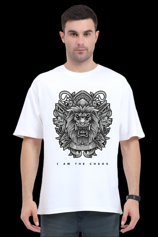 ViNK I Am the Chaos CEO Edition Lion oversize t-shirt in White, featuring a high-detail tribal lion graphic for unisex wear; a customised printed t-shirt in 240 GSM cotton that defines the powerlook for modern-day alphas