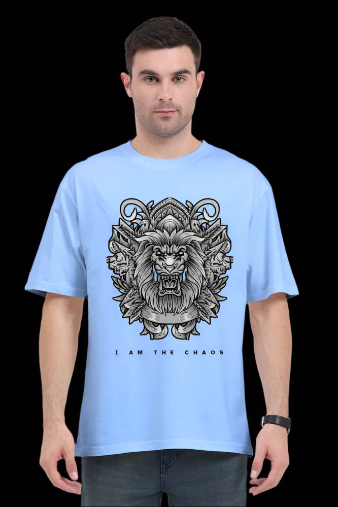 ViNK I Am the Chaos CEO Edition Lion oversize tshirt in baby blue, featuring a high-detail tribal lion graphic for unisex wear; a customised printed t-shirt in 240 GSM cotton that defines the powerlook for modern-day alphas