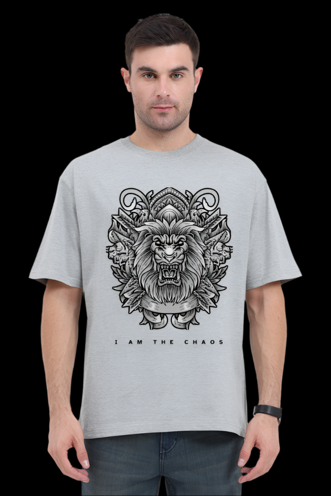 ViNK I Am the Chaos CEO Edition Lion oversize tshirt in grey melange, featuring a high-detail tribal lion graphic for unisex wear; a customised printed t-shirt in 240 GSM cotton that defines the powerlook for modern-day alphas