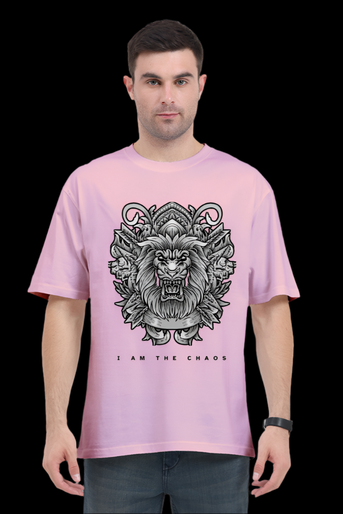 ViNK I Am the Chaos CEO Edition Lion oversize tshirt in light baby pink, featuring a high-detail tribal lion graphic for unisex wear; a customised printed t-shirt in 240 GSM cotton that defines the powerlook for modern-day alphas