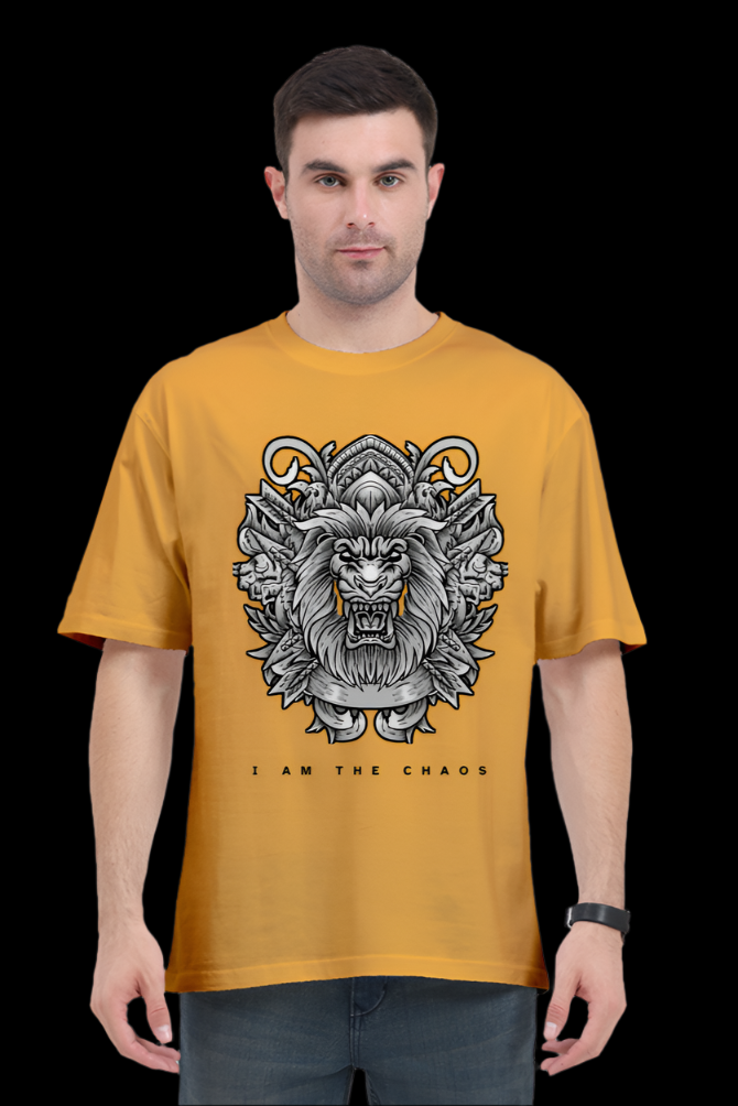 ViNK I Am the Chaos CEO Edition Lion oversize tshirt in mustard yellow, featuring a high-detail tribal lion graphic for unisex wear; a customised printed t-shirt in 240 GSM cotton that defines the powerlook for modern-day alphas