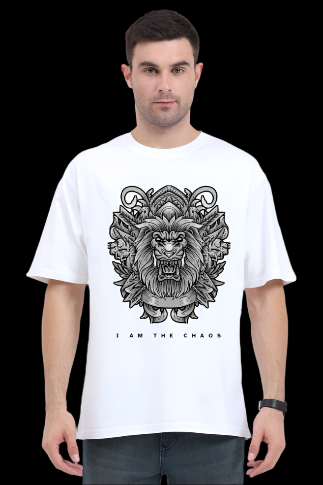 ViNK I Am the Chaos CEO Edition Lion oversize tshirt in white, featuring a high-detail tribal lion graphic for unisex wear; a customised printed t-shirt in 240 GSM cotton that defines the powerlook for modern-day alphas