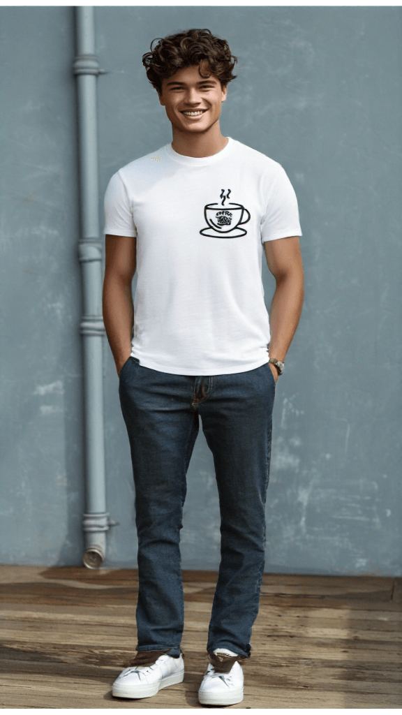 ViNK Coffee Lovers Crewneck white men t-shirt - Male Model in a Front View sporting a casual look while wearing his daily coffee ritual