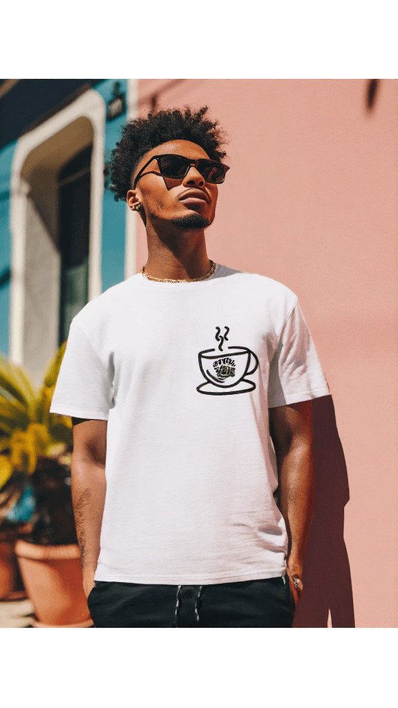 ViNK Coffee Lovers Crewneck white men t-shirt - Male Model in a Front View owning his daily coffee ritual while sporting his cooling shades