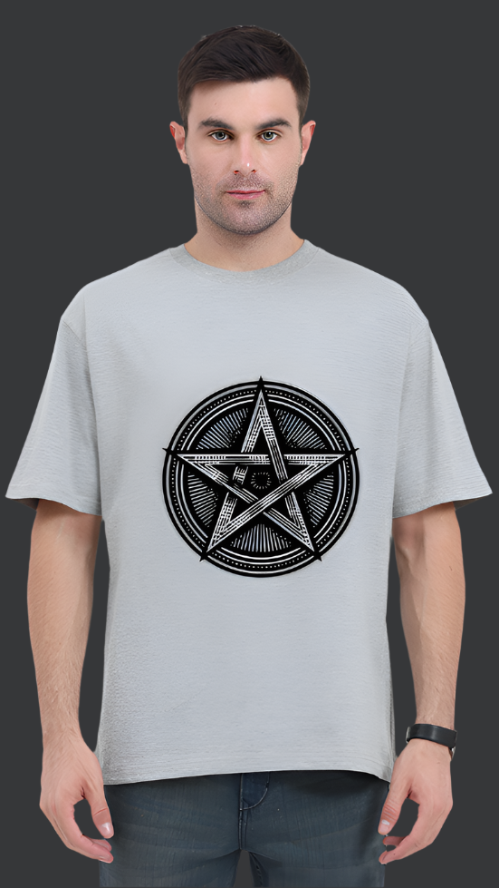 ViNK Pentagram Symbolic Graphic Grey-Melange Oversized Unisex Tee. Model showcasing the front view that features the pentagram in a monochrome graphic design on the chest.