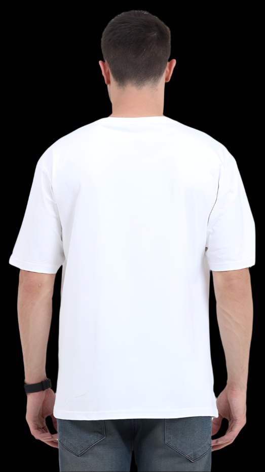 ViNK Pentagram Symbolic Graphic White Oversized Unisex Tee. Model showcasing the back that features a minimalistic design