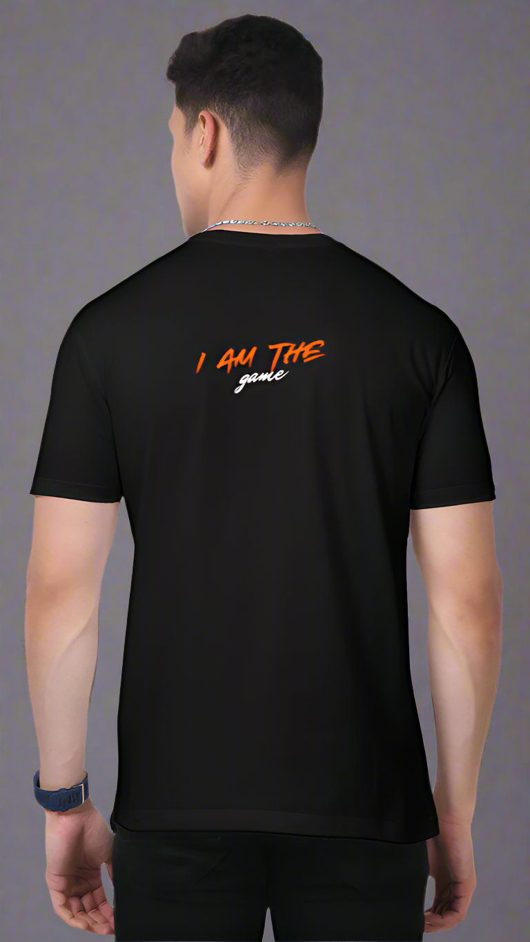 ViNK Poker Edition I Am The Game Supima Cotton black unisex t-shirt, model showcasing the back view featuring the power statement 'I Am The Game' tagline