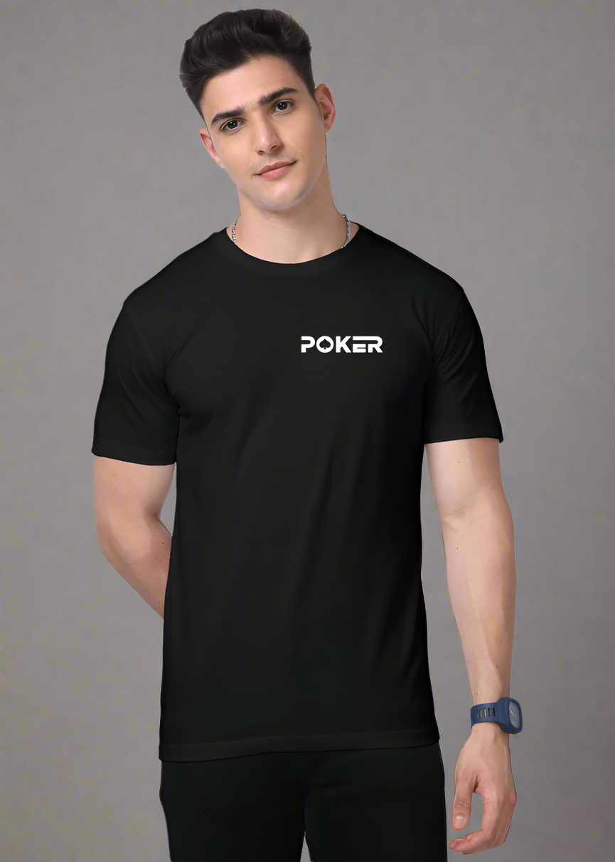 ViNK Poker Edition I Am The Game Supima Cotton black own the look unisex t-shirt, model showcasing the front view that features "POKER" in a clean but elegant game night call sign