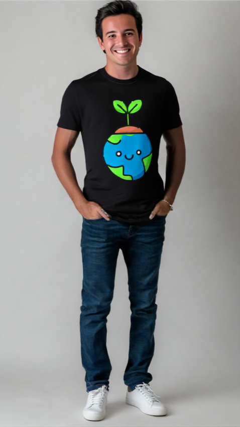 ViNK Save Soil Earth Day Edition, black male tee, model wearing front view featuring the globe transformed into a smiling emoji, cradled by vibrant trees in blue and green