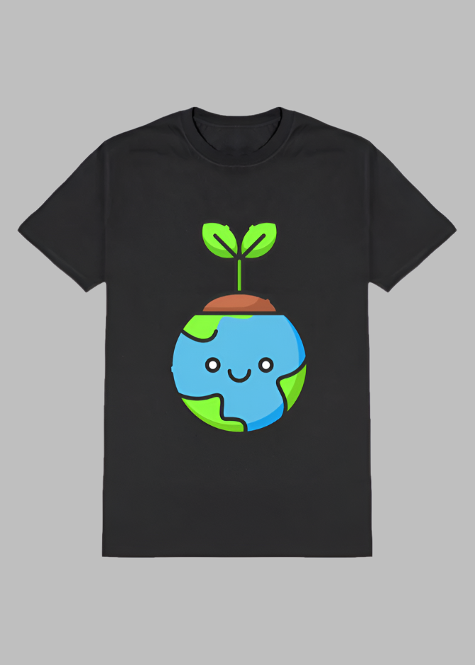 ViNK Save Soil Earth Day Edition, black tee, front view featuring the globe transformed into a smiling emoji, cradled by vibrant trees in blue and green
