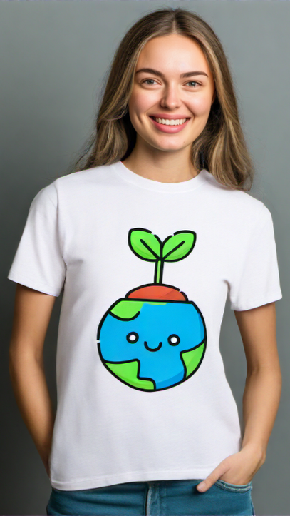 ViNK Save Soil Earth Day Edition, white women tee, model wearing front view featuring the globe transformed into a smiling emoji, cradled by vibrant trees in