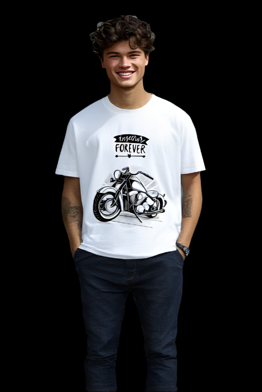 ViNK white men biker tee featuring 'Together Forever' bold text above a detailed lowrider custom cruiser motorcycle illustration, an ode to the bond shared between the rider and his cruiser