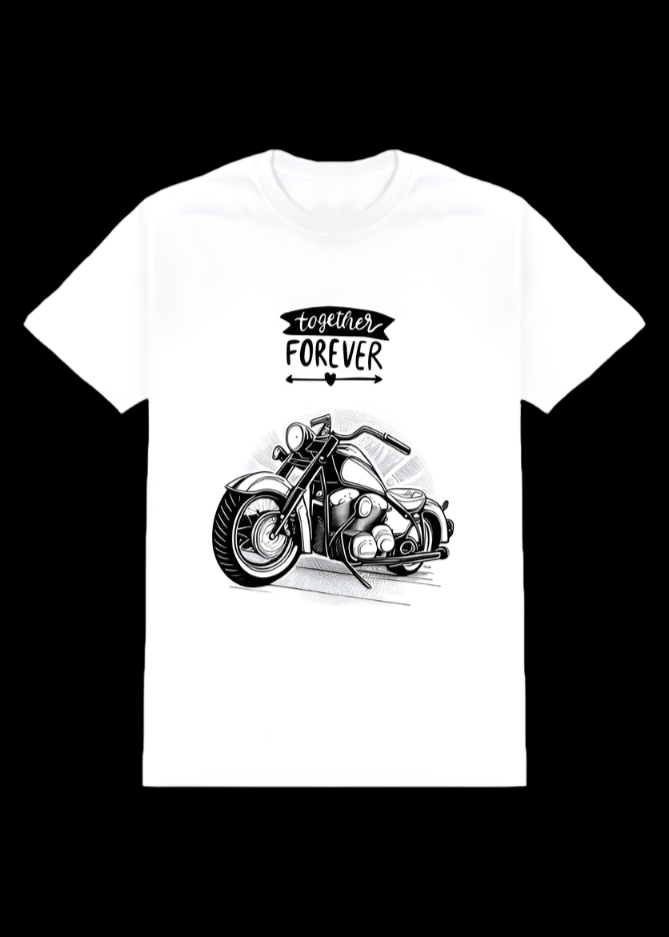 ViNK white unisex biker tee featuring 'Together Forever' bold text above a detailed lowrider custom cruiser motorcycle illustration, an ode to the bond shared between the rider and his cruiser