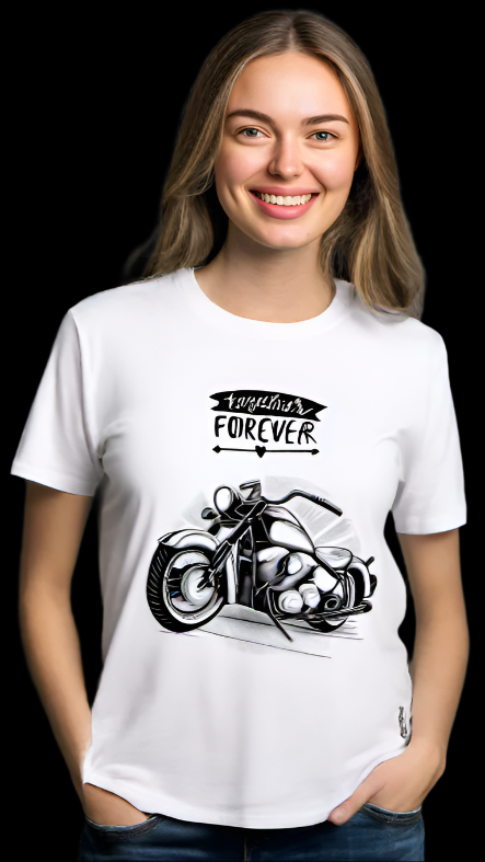 ViNK white women biker tee featuring 'Together Forever' bold text above a detailed lowrider custom cruiser motorcycle illustration, an ode to the bond shared between the rider and his cruiser