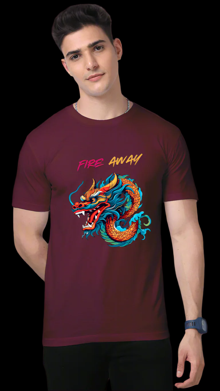 ViNK Dragon Lord Fire Away maroon unisex Graphic T-Shirt featuring a customised print of a multicoloured dragon, symbolising strength and power, with the bold Fire Away call to action on the front that embodies the spirit of fearless ambition. Perfect for the modern-day alpha who thrives amid chaos.