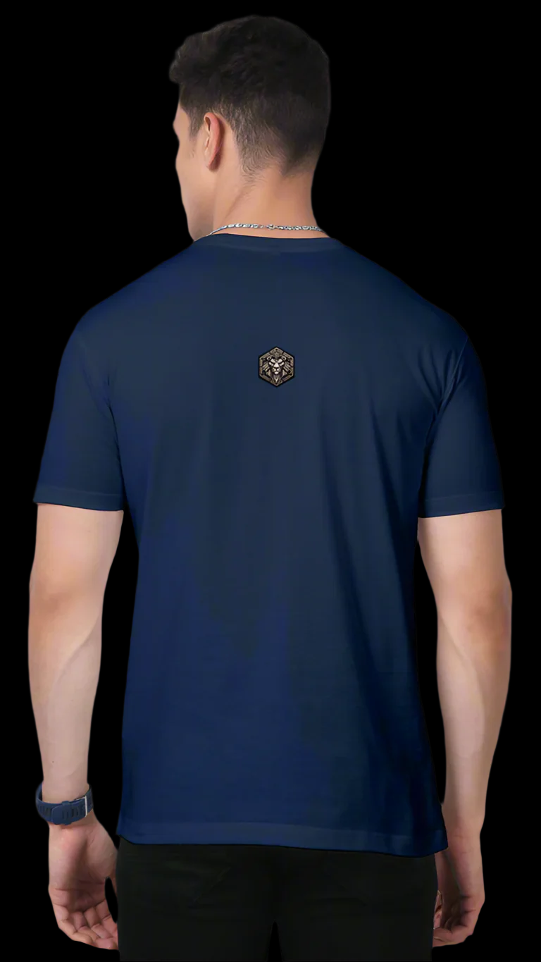 ViNK dragon lord fire away navy blue unisex tshirt featuring the minimalistic yet powerful Alpha Club logo on 160 GSM supima cotton on the back. A customised printed t-shirt designed to signal quiet dominance and bold identity for the modern-day alphas.