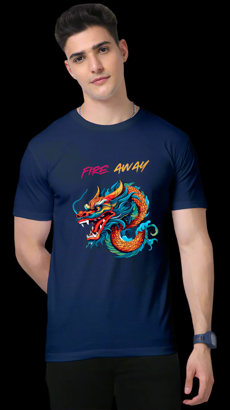 ViNK Dragon Lord Fire Away navy blue unisex Graphic T-Shirt featuring a customised print of a multicoloured dragon, symbolising strength and power, with the bold Fire Away call to action on the front that embodies the spirit of fearless ambition. Perfect for the modern-day alpha who thrives amid chaos.