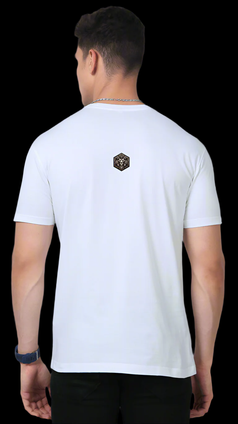 ViNK dragon lord fire away white unisex tshirt featuring the minimalistic yet powerful Alpha Club logo on 160 GSM supima cotton on the back. A customised printed t-shirt designed to signal quiet dominance and bold identity for the modern-day alphas