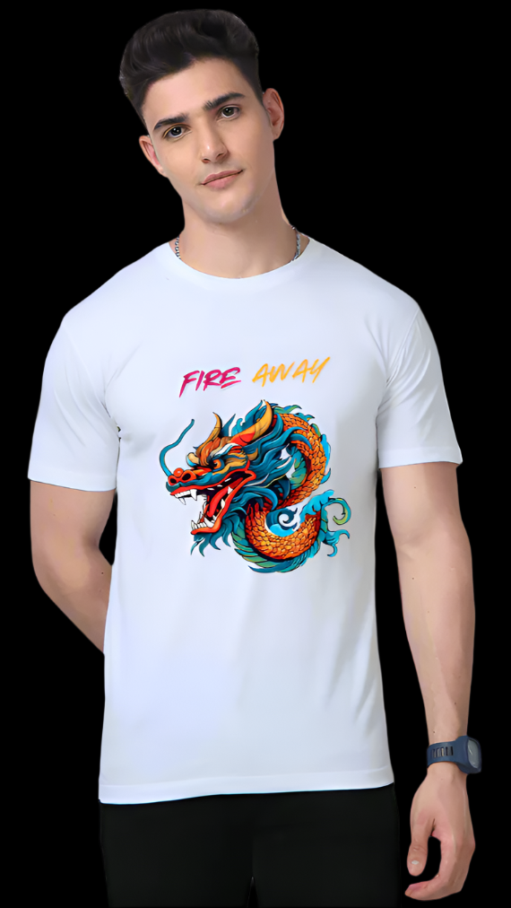 ViNK Dragon Lord Fire Away white unisex Graphic T-Shirt featuring a customised print of a multicoloured dragon, symbolising strength and power, with the bold Fire Away call to action on the front that embodies the spirit of fearless ambition. Perfect for the modern-day alpha who thrives amid chaos.