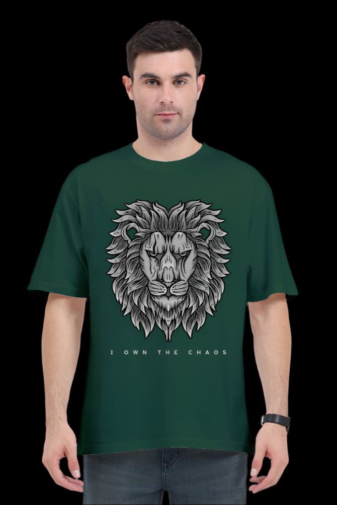 ViNK 'I Own The Chaos' CEO Edition bottle green oversize t-shirt featuring a majestic lion chest graphic - premium 240GSM cotton front customised print T-shirt for the modern day alphas powerlook