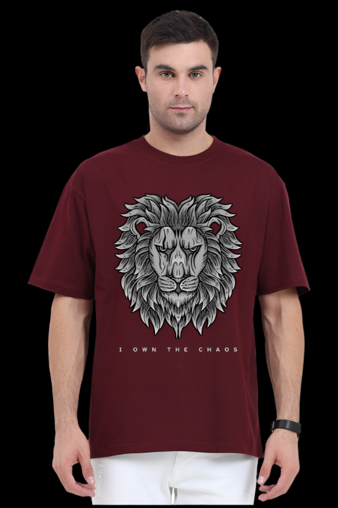 ViNK 'I Own The Chaos' CEO Edition maroon oversize t-shirt featuring a majestic lion chest graphic - premium 240GSM cotton front customised print T-shirt for the modern day alphas powerlook