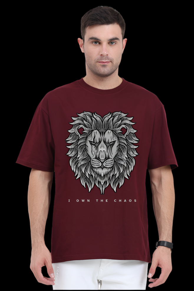 ViNK 'I Own The Chaos' CEO Edition maroon oversize tshirt featuring a majestic lion chest graphic - premium 240GSM cotton front customised print T-shirt for the modern day alphas powerlook