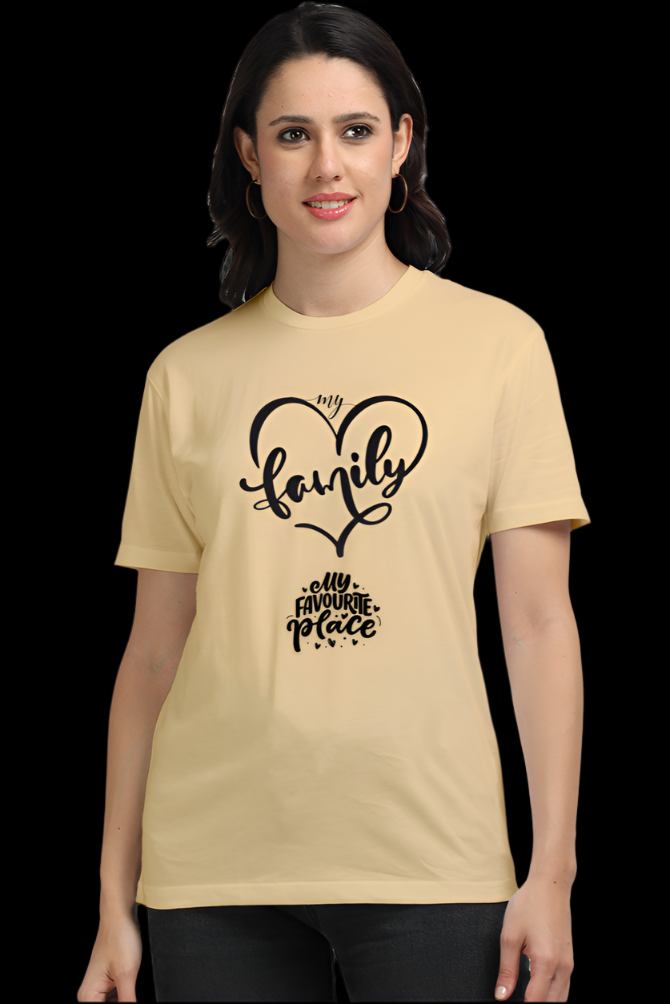 Front design of the ViNK “My Family, My Place” supima cotton lavender unisex t-shirt featuring a heart-shaped “My Family” symbol — symbolizing unconditional love and deep emotional bonds — above the inscription “My Favorite Place,” capturing the essence that home is found in the people we cherish.