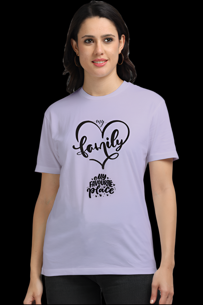 Front design of the ViNK “My Family, My Place” supima cotton lavender unisex t-shirt featuring a heart-shaped “My Family” symbol — symbolizing unconditional love and deep emotional bonds — above the inscription “My Favorite Place,” capturing the essence that home is found in the people we cherish.