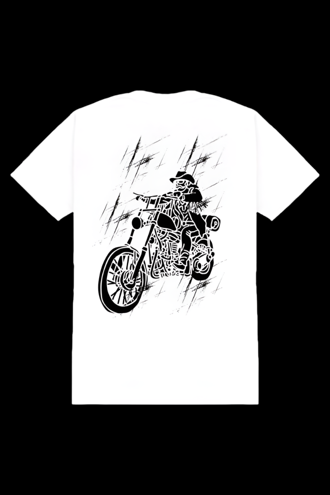 ViNK "Rider Forever | I Live To Ride Biker Edition" unisex white customised t-shirt, featuring a bold skeletal rider graphic on his cruiser - Biker Edition powerlook crewneck t-shirts in 180GSM cotton for modern-day alphas who rule the road