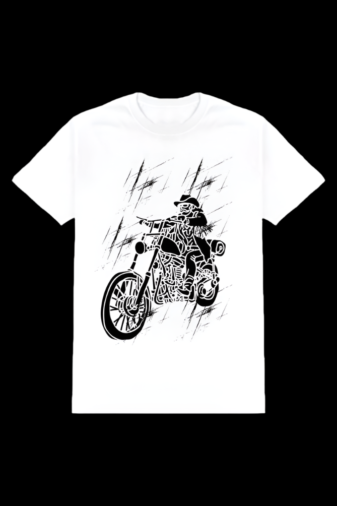ViNK "Rider Forever | I Live To Ride Biker Edition" unisex white customised t-shirt, featuring a bold skeletal rider graphic on his cruiser - Biker Edition powerlook crewneck t-shirts in 180GSM cotton for modern-day alphas who rule the road