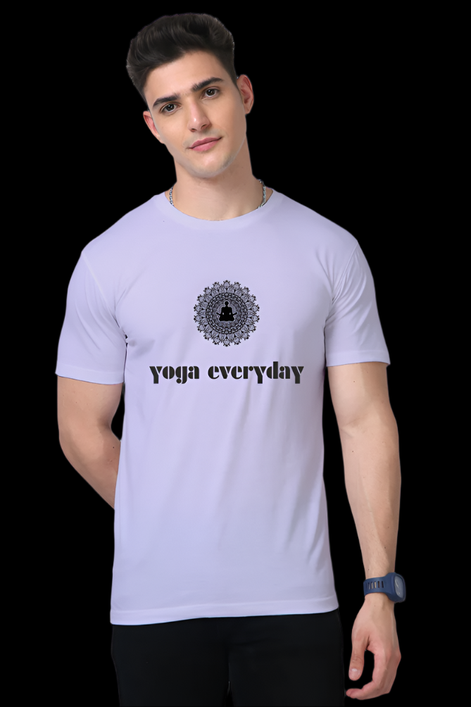ViNK Supima cotton yoga everday men lavender t-shirt, front features a minimalistic mandala design encircling a meditative silhouette, symbolizing daily mindfulness and breath awareness. Available in sizes upto 5XL.