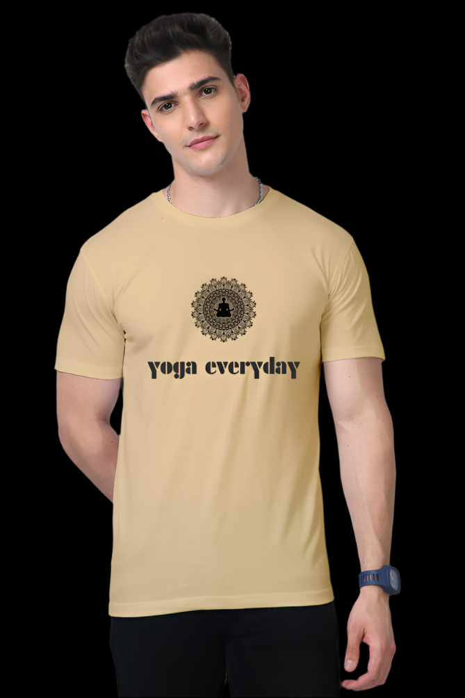 ViNK Supima cotton yoga everday unisex beige t-shirt, front features a minimalistic mandala design encircling a meditative silhouette, symbolizing daily mindfulness and breath awareness. Available in sizes upto 5XL.