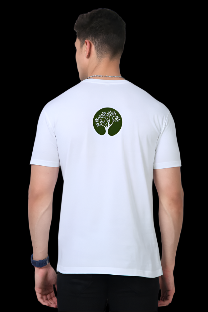 ViNK Supima cotton yoga everday unisex white t-shirt, back showcasing a detailed Tree of Life custom print, representing grounding, spiritual growth, and connection to nature. The design is centered and elegantly printed to complement the mindful lifestyle.