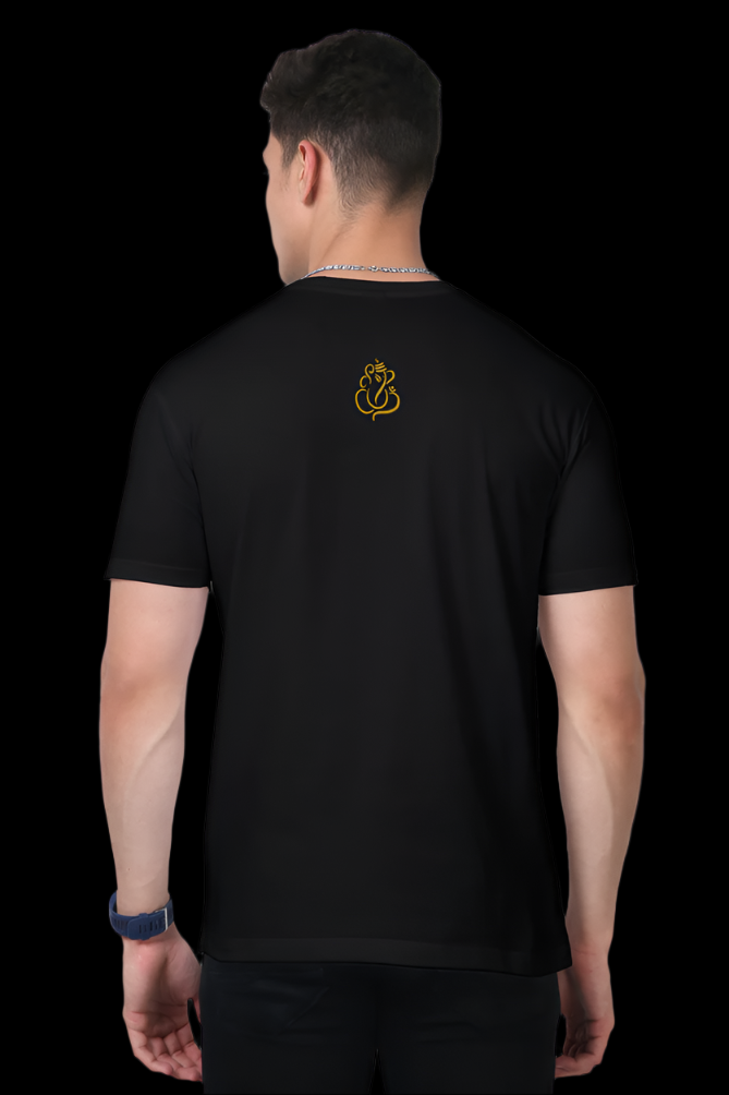 ViNK 'Shri Yantra and Ganesha' black men Supima cotton graphic t-shirt features a minimalist Ganesha symbol in radiant gold on the back, representing the remover of obstacles and new beginnings.