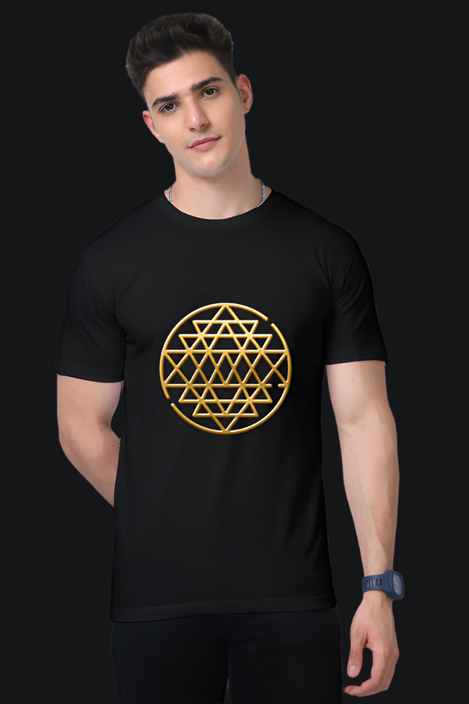 ViNK 'Shri Yantra and Ganesha' unisex black Supima cotton graphic t-shirt features the Yantra in radiant gold on the front, symbolizing cosmic harmony, prosperity, and spiritual balance.