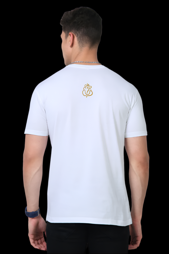 ViNK 'Shri Yantra and Ganesha' white men Supima cotton graphic t-shirt features a minimalist Ganesha symbol in radiant gold on the back, representing the remover of obstacles and new beginnings.