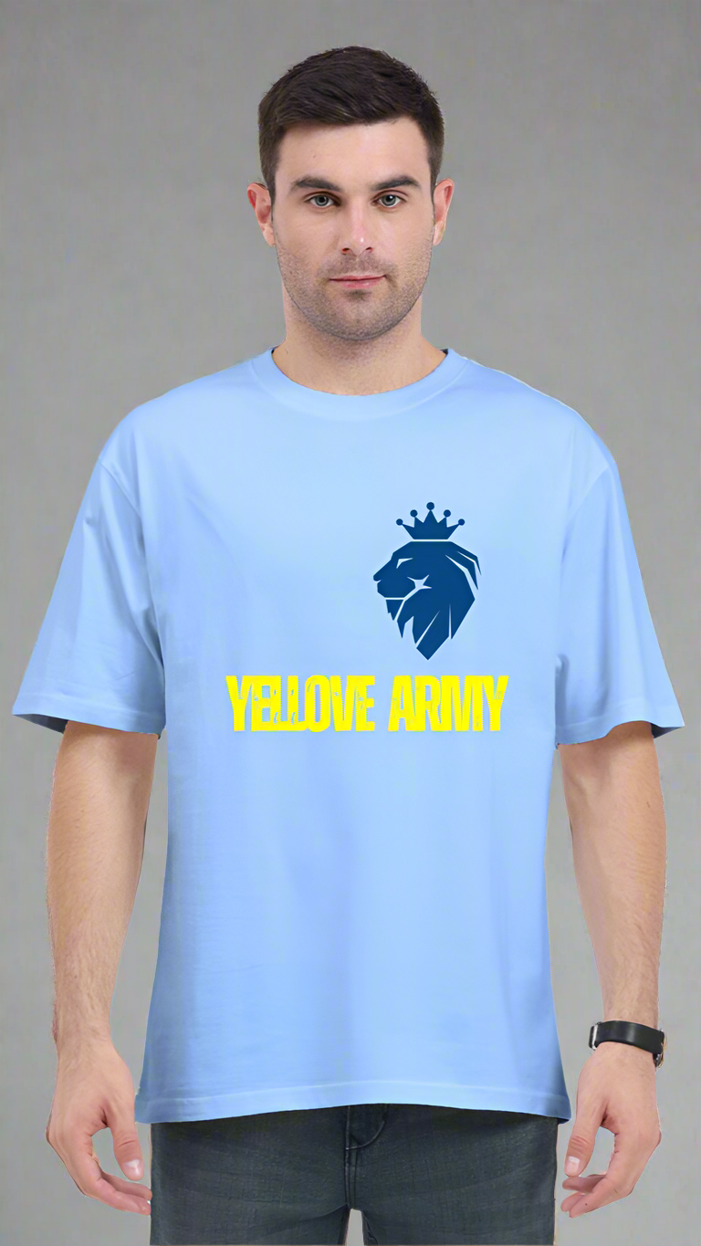 ViNK Yellove Army baby blue Unisex T-Shirt, model in a front view wearing the a lion on his chest with a crown and the tagline of yellove army