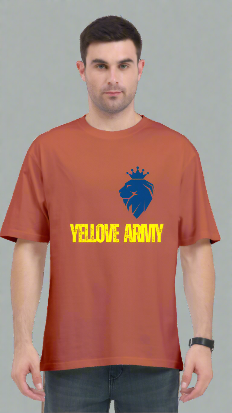 ViNK Yellove Army coral Unisex T-Shirt, model in a front view wearing the a lion on his chest with a crown and the tagline of yellove army