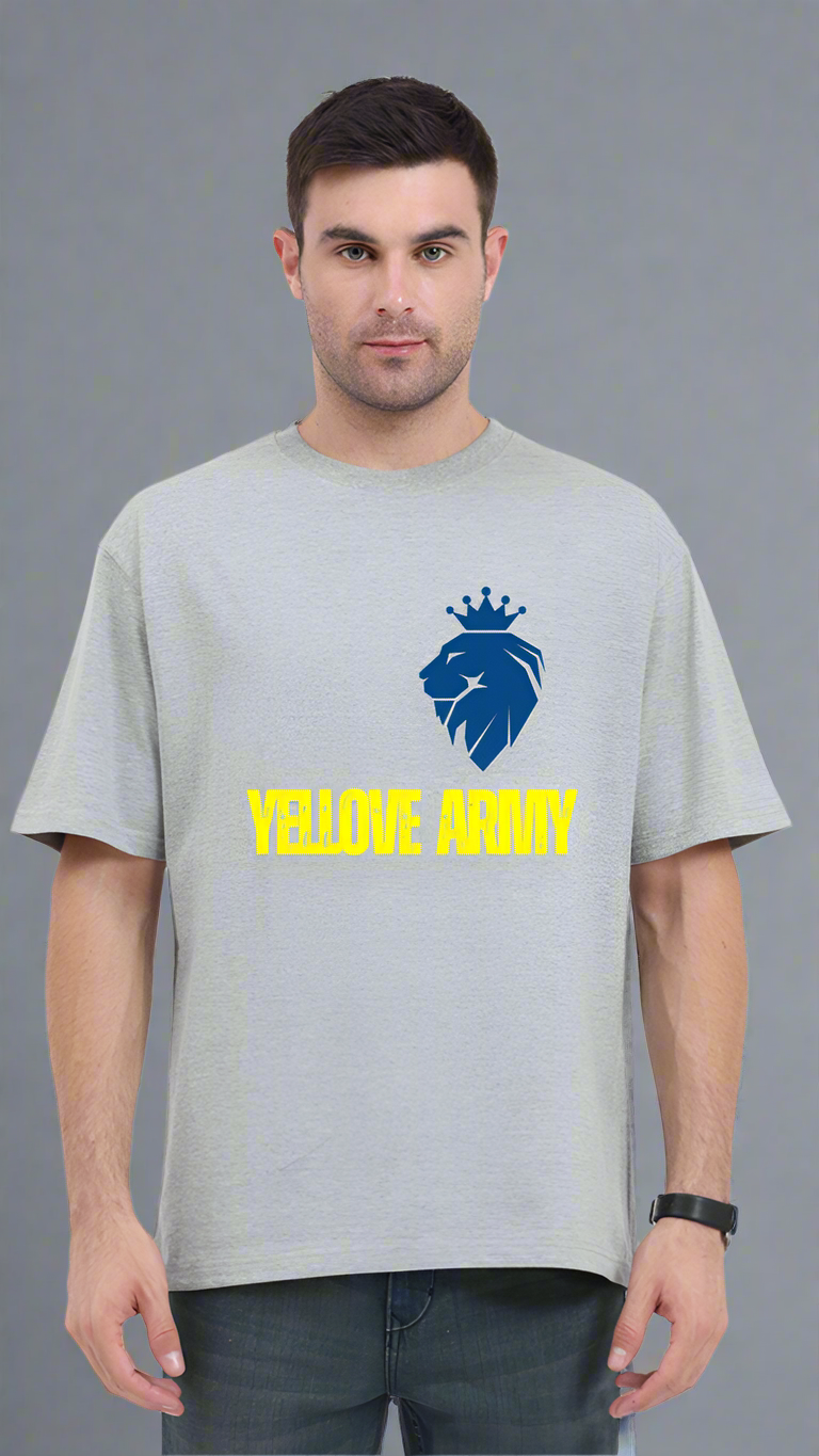 ViNK Yellove Army grey melange Unisex T-Shirt, model in a front view wearing the a lion on his chest with a crown and the tagline of yellove army