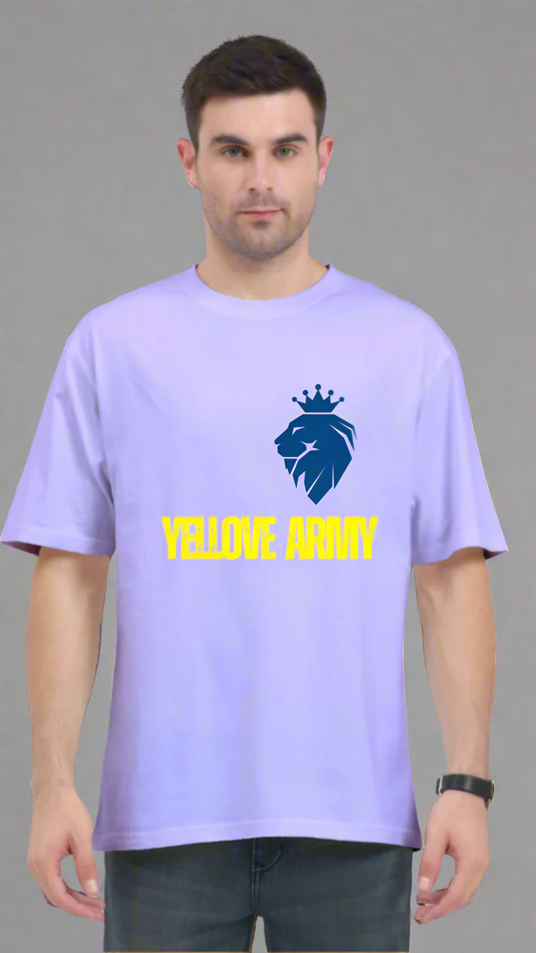 ViNK Yellove Army lavender Unisex T-Shirt, model in a front view wearing the a lion on his chest with a crown and the tagline of yellove army
