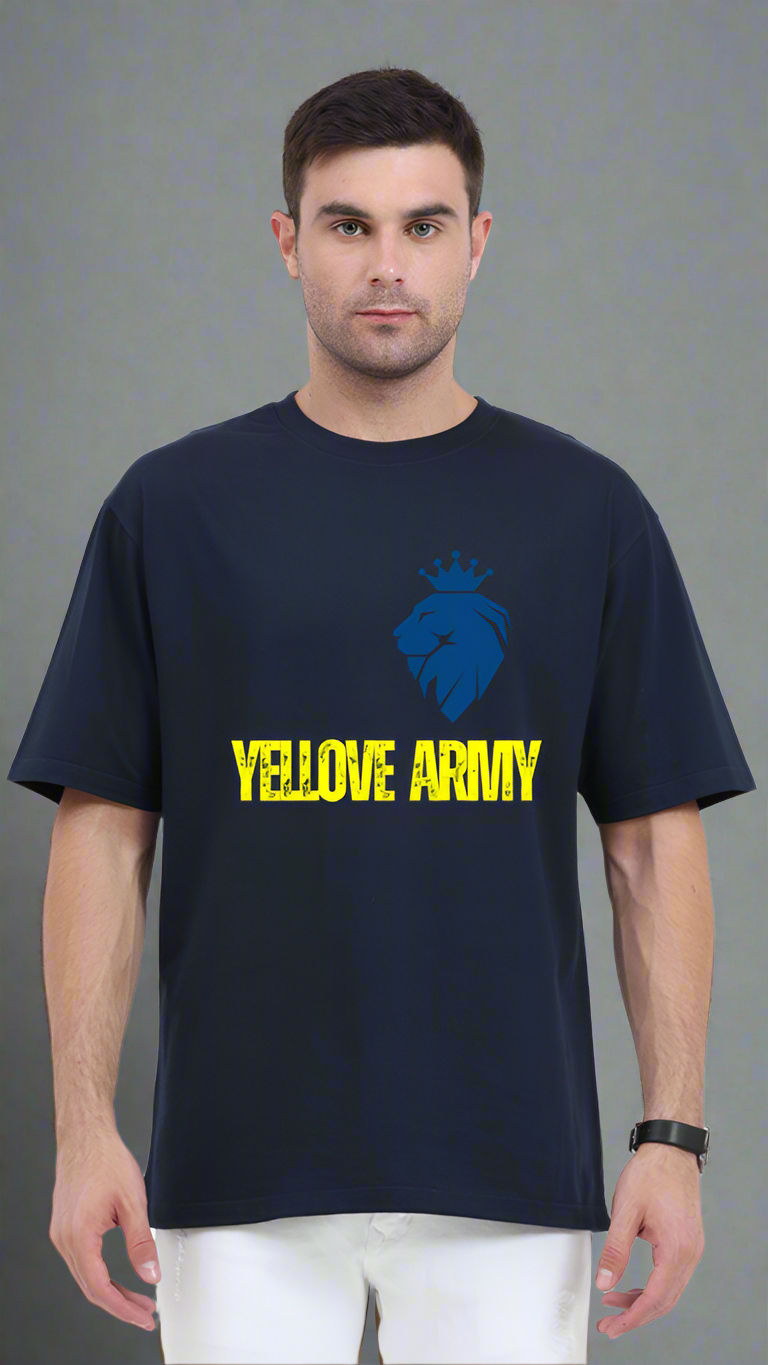 ViNK Yellove Army navy blue Unisex T-Shirt, model in a front view wearing the a lion on his chest with a crown and the tagline of yellove army