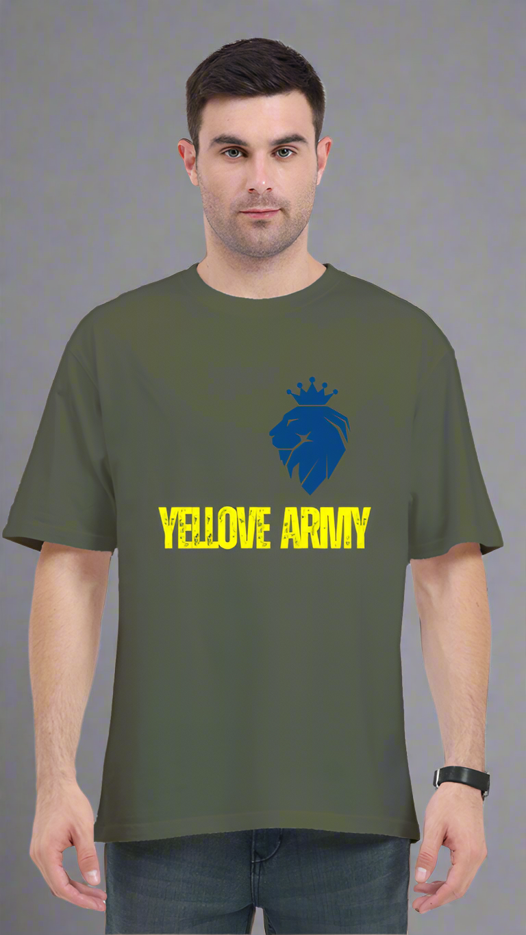 ViNK Yellove Army olive green Unisex T-Shirt, model in a front view wearing the a lion on his chest with a crown and the tagline of yellove army