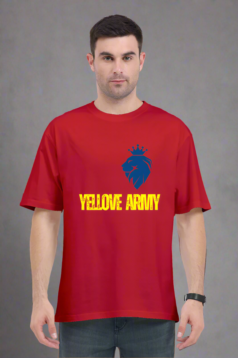 ViNK Yellove Army red Unisex T-Shirt, model in a front view wearing the a lion on his chest with a crown and the tagline of yellove army