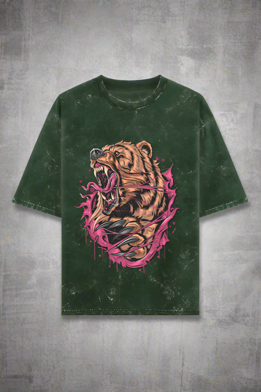 Front view of the Bear Acid Washed Oversize T-shirt with bold graphic print, reflecting the 'Beast Mode' mentality — oversized, overbuilt, and designed to crush every challenge with unstoppable determination.