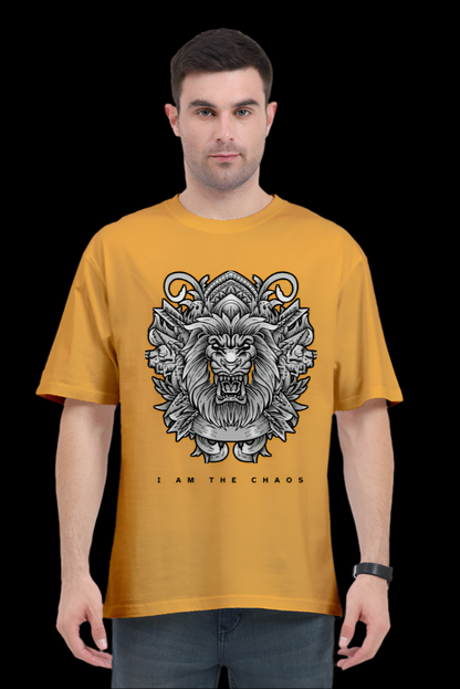 ViNK I Am the Chaos CEO Edition Lion oversize t-shirt in Golden Yellow, featuring a high-detail tribal lion graphic for unisex wear; a customised printed t-shirt in 240 GSM cotton that defines the powerlook for modern-day alphas